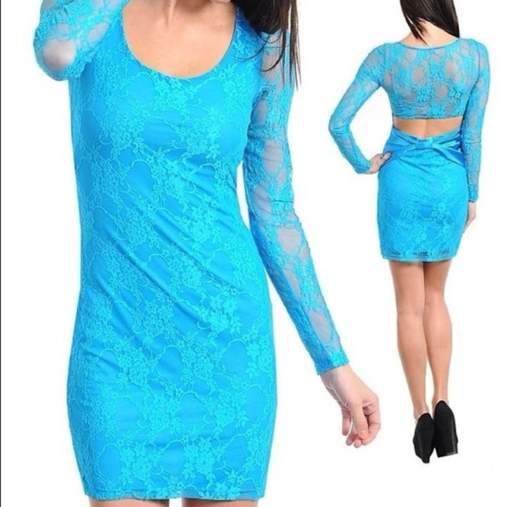 Blue Lace Long Sleeve Bodycon Dress